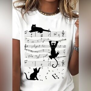 Musical Cats Graphic T-Shirt Size 2XL Plus Size White Cotton Fabric Unisex